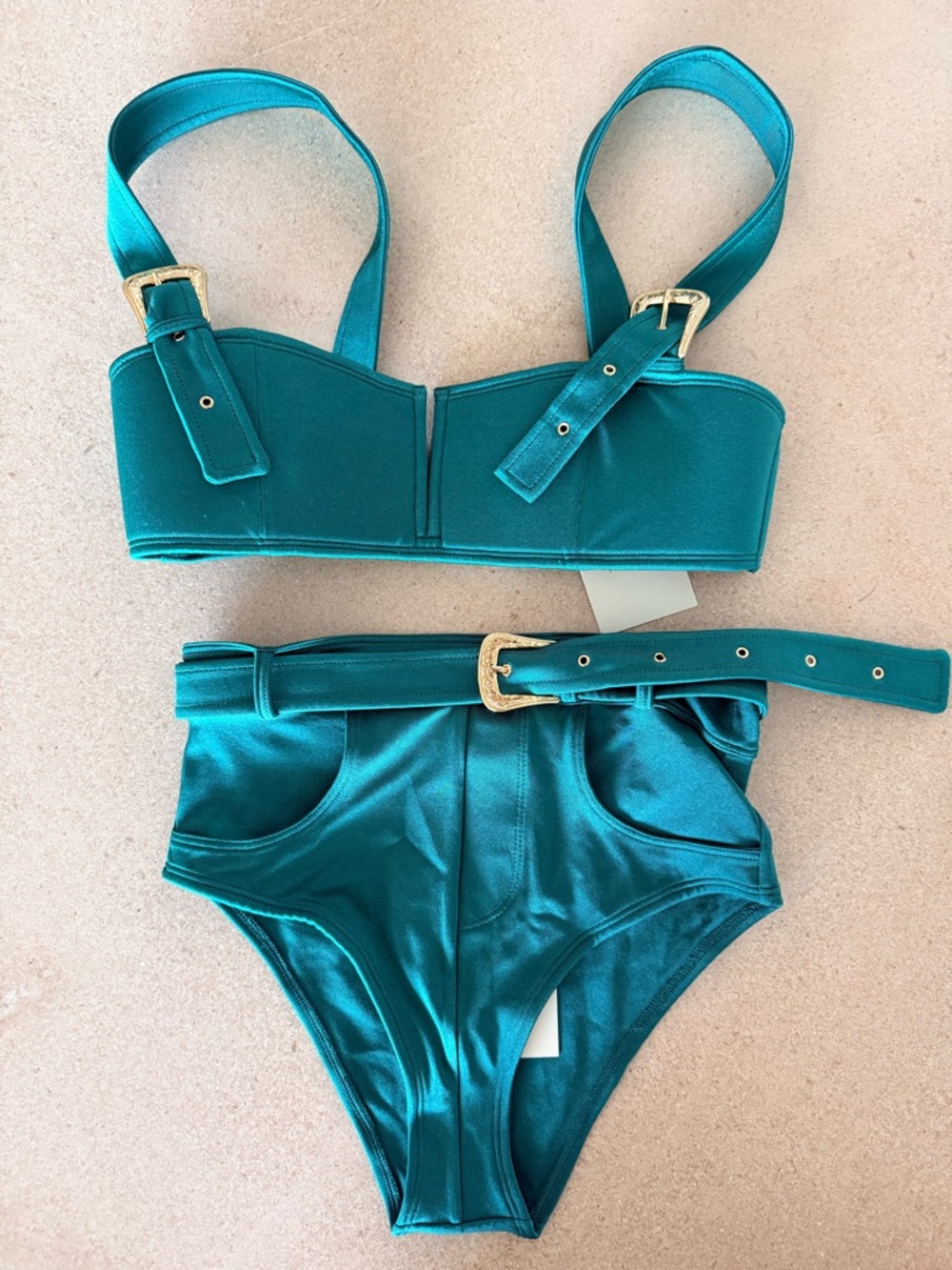 Teal High-Waist Bikini Set with Gold Buckle — Women Swim Bikini - Picture 4 of 8